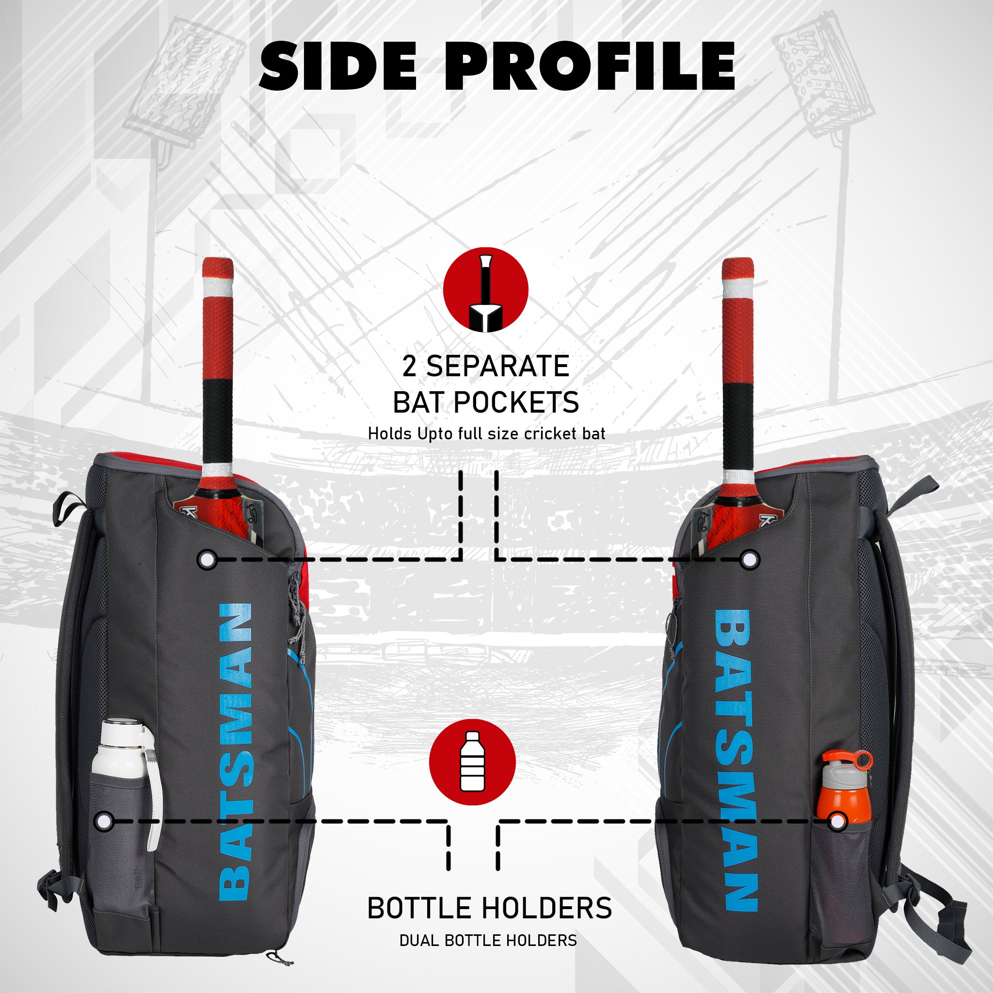 Batsman Grey Red Cricket|Cricket Kit Bag Backpack |Juniour & Youth Kitbag |Player Edition 2 Bat Pockets Shoe Pocket |Big Main Comp. Fits 15.5 inch Leg Pad|2 Bottle Holders