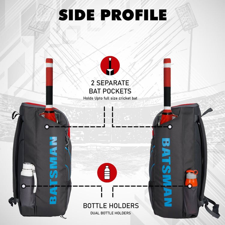 Batsman Grey Red Cricket|Cricket Kit Bag Backpack |Juniour & Youth Kitbag |Player Edition 2 Bat Pockets Shoe Pocket |Big Main Comp. Fits 15.5 inch Leg Pad|2 Bottle Holders