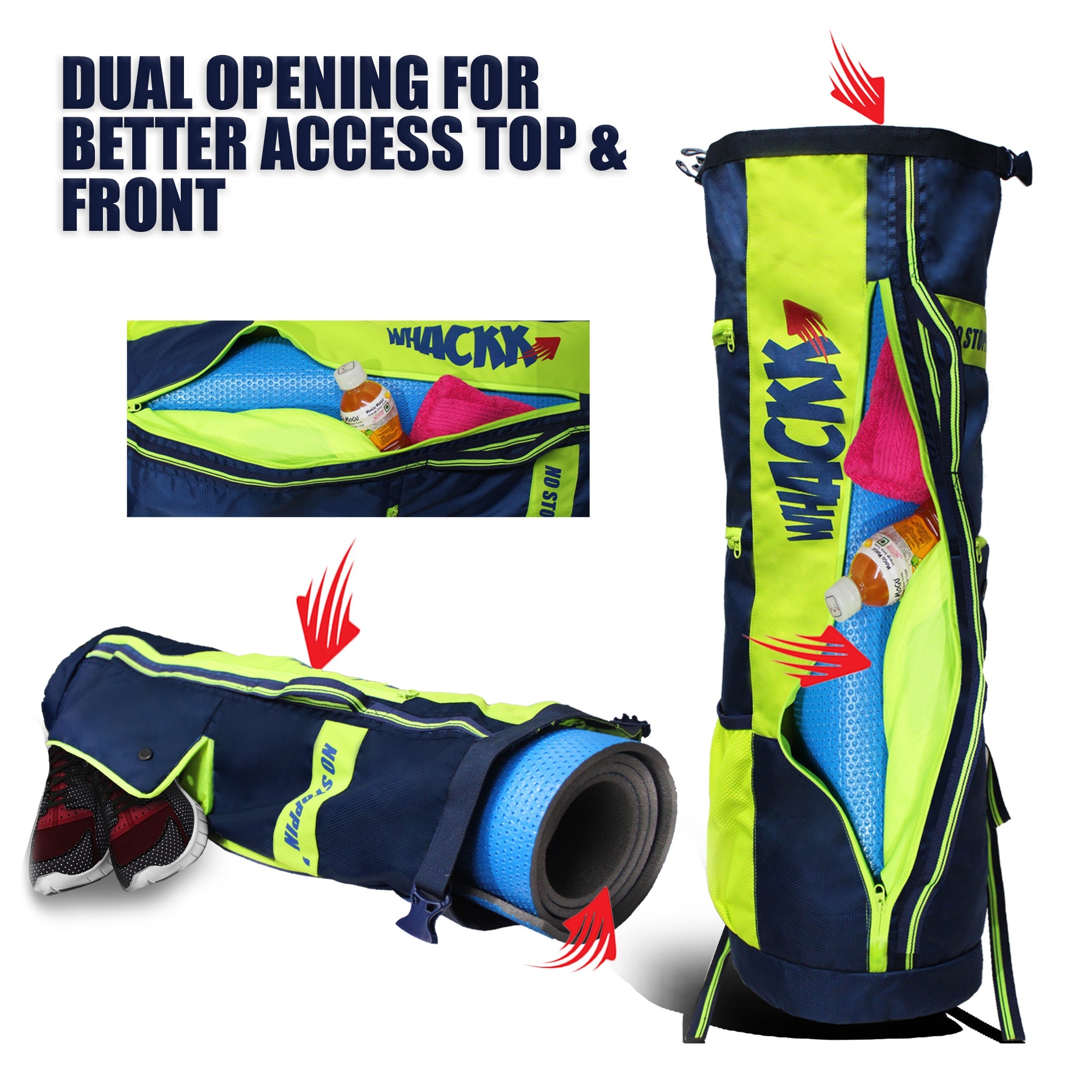 Brute Navy Blue F. Green Unisex Yoga Aerobics Gym Mat Bags Air Ventilated Pocket for Shoes, Front & Top Open, Carry Way with 3-Way Options i.e. Backpack, Holdable or with a Loop