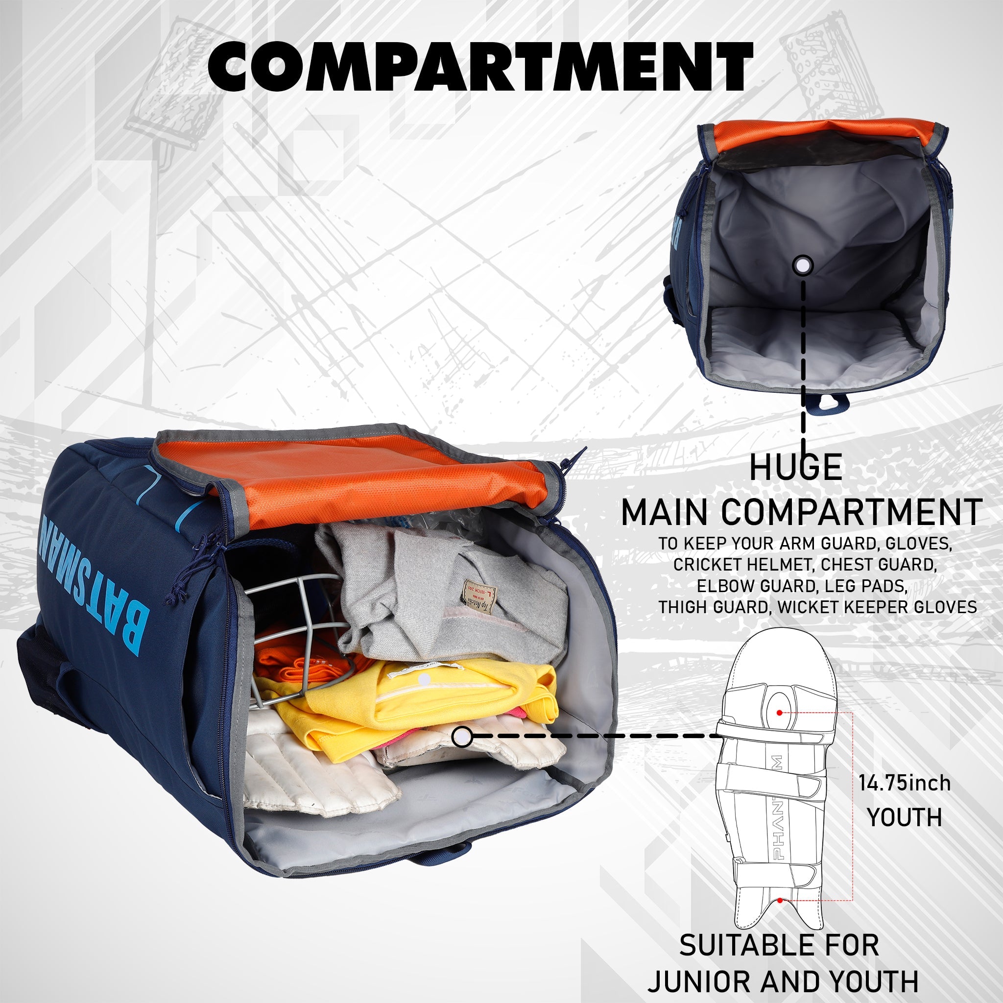 Batsman Navy Orange Cricket Kit Bag Backpack |Juniour & Youth Kitbag |Player Edition 2 Bat Pockets Shoe Pocket |Big Main Comp. Fits 15.5 inch Leg Pad|2 Bottle Holders
