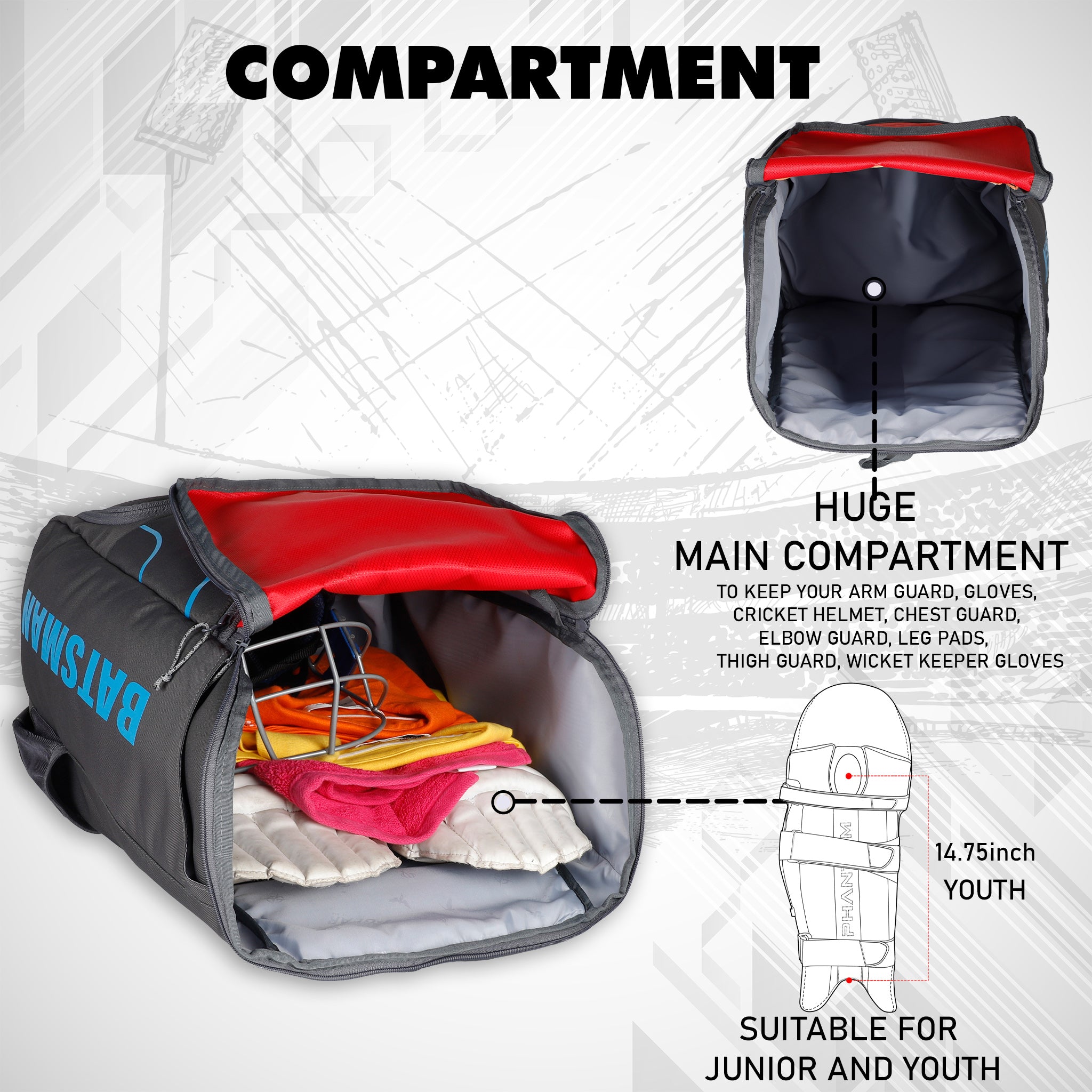 Batsman Grey Red Cricket|Cricket Kit Bag Backpack |Juniour & Youth Kitbag |Player Edition 2 Bat Pockets Shoe Pocket |Big Main Comp. Fits 15.5 inch Leg Pad|2 Bottle Holders