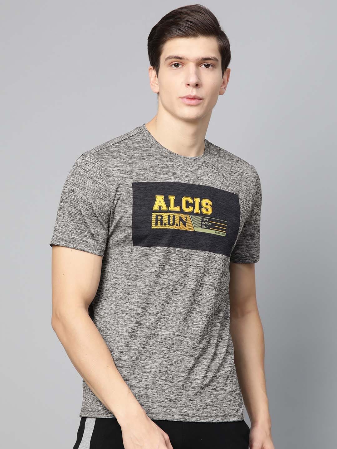 Alcis Men Grey Black Printed Round Neck T-shirt
