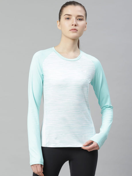 Alcis Women White & Green Self-Design Slim Fit Round Neck T-shirt