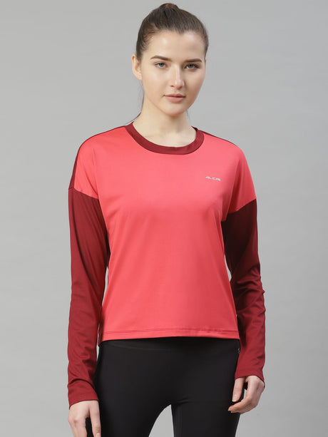 Alcis Women Coral Pink Solid Slim Fit Round Neck T-shirt | Alcis