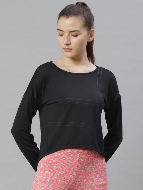 Alcis Women Black Striped Slim Fit Round Neck T-shirt | Alcis
