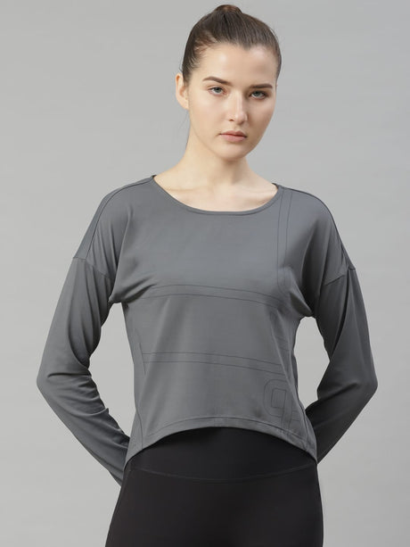 Alcis Women Grey Striped Slim Fit Round Neck T-shirt | Alcis