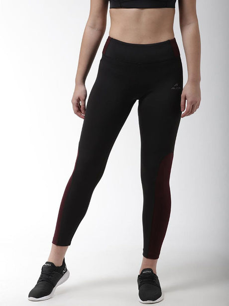 Alcis Women Black Burgundy Colourblocked Training Tights | Alcis