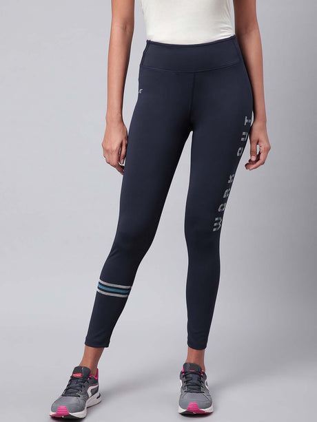 Alcis Women Navy Blue Drytech+ Solid Cropped Training Tights | Alcis