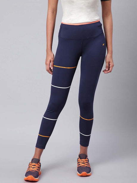 Alcis Women Navy Blue Striped Secure Fit Cropped Training Tights | Alcis