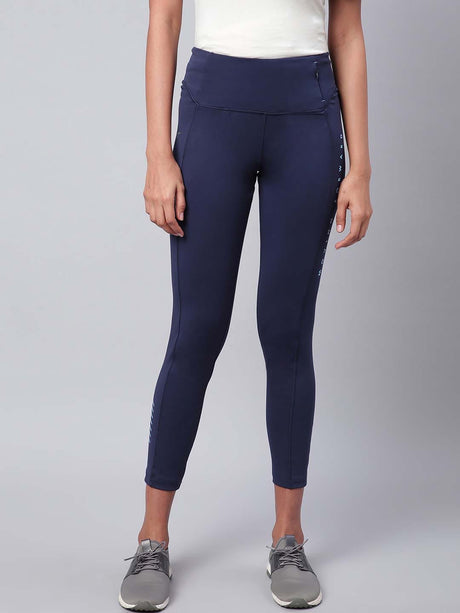 Alcis Women Navy Blue Drytech+ Solid Cropped Training Tights | Alcis
