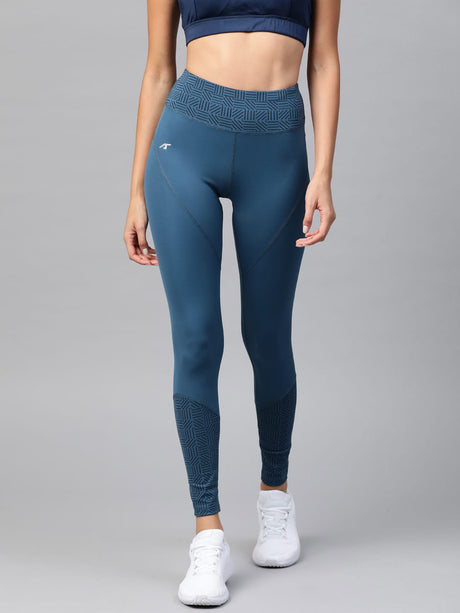 Alcis Women Teal Blue Printed Detail Cropped Tights | Alcis