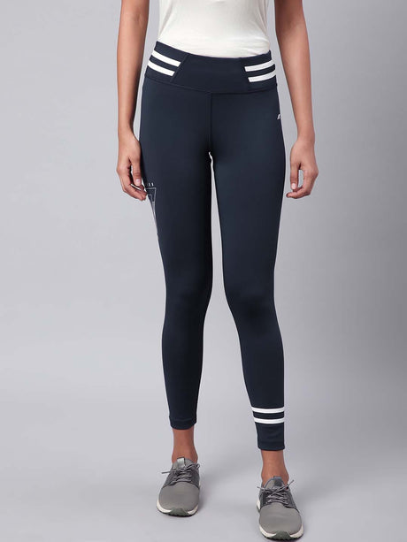 Alcis Women Navy Blue White Drytech+ Solid Cropped Training Tights | Alcis
