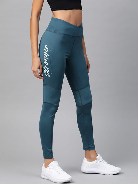 Alcis Women Teal Blue Solid Tights with Printed Detail | Alcis