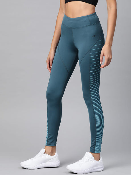 Alcis Women Teal Blue Solid Tights with Striped Detail | Alcis