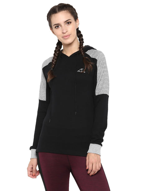 Alcis Women Black Grey Colourblocked Hooded Sweatshirt | Alcis