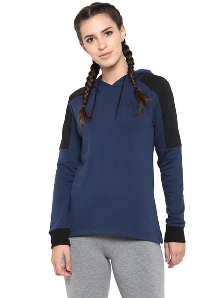 Alcis Women Blue Black Colourblocked Hooded Sweatshirt | Alcis