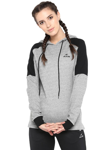 Alcis Women Grey Black Colourblocked Hooded Sweatshirt | Alcis