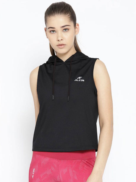 Alcis Women Black Solid Hooded Sleeveless Sweatshirt | Alcis