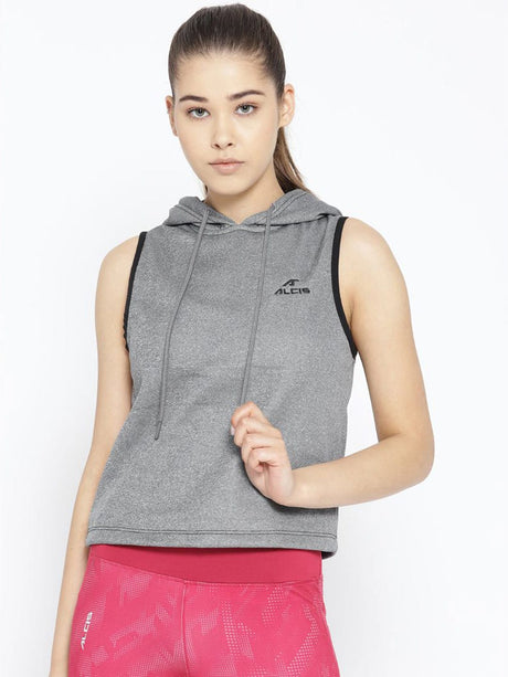 Alcis Women Grey Solid Hooded Sleeveless Sweatshirt | Alcis