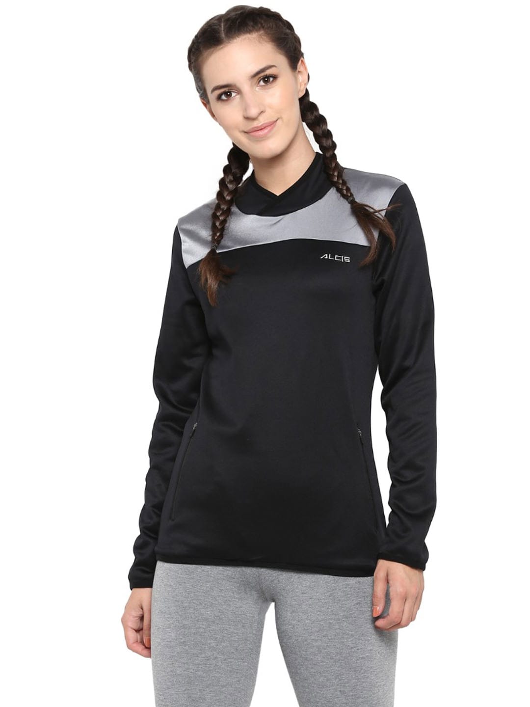 Alcis Women Black Silver-Toned Colourblocked Sweatshirt
