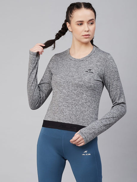 Alcis Women Grey Melange Solid Round Neck Training T-shirt | Alcis