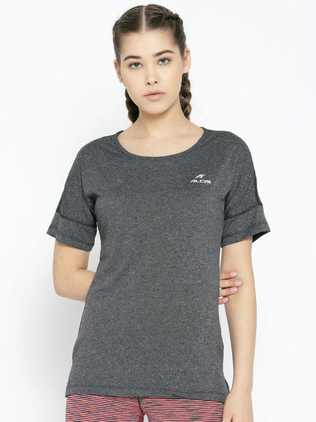 Alcis Women Charcoal Grey Solid Slim Fit Round Neck Training T-shirt | Alcis