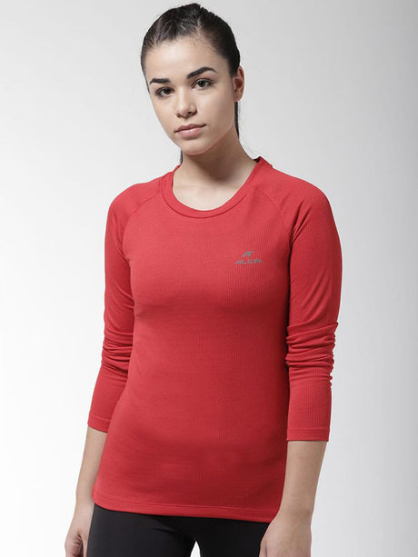 Alcis Women Red Self Design Round Neck T-shirt | Alcis