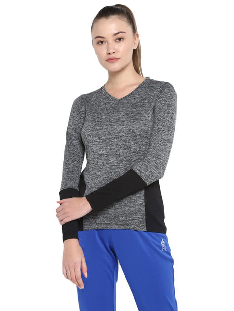 Alcis Women Grey Black Solid V-Neck T-shirt | Alcis