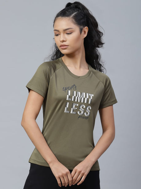 Alcis Women Olive Green Printed Round Neck T-shirt | Alcis