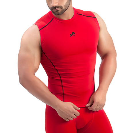 Nylon Compression Tshirt Cutsleeves Tights For Men (Red)