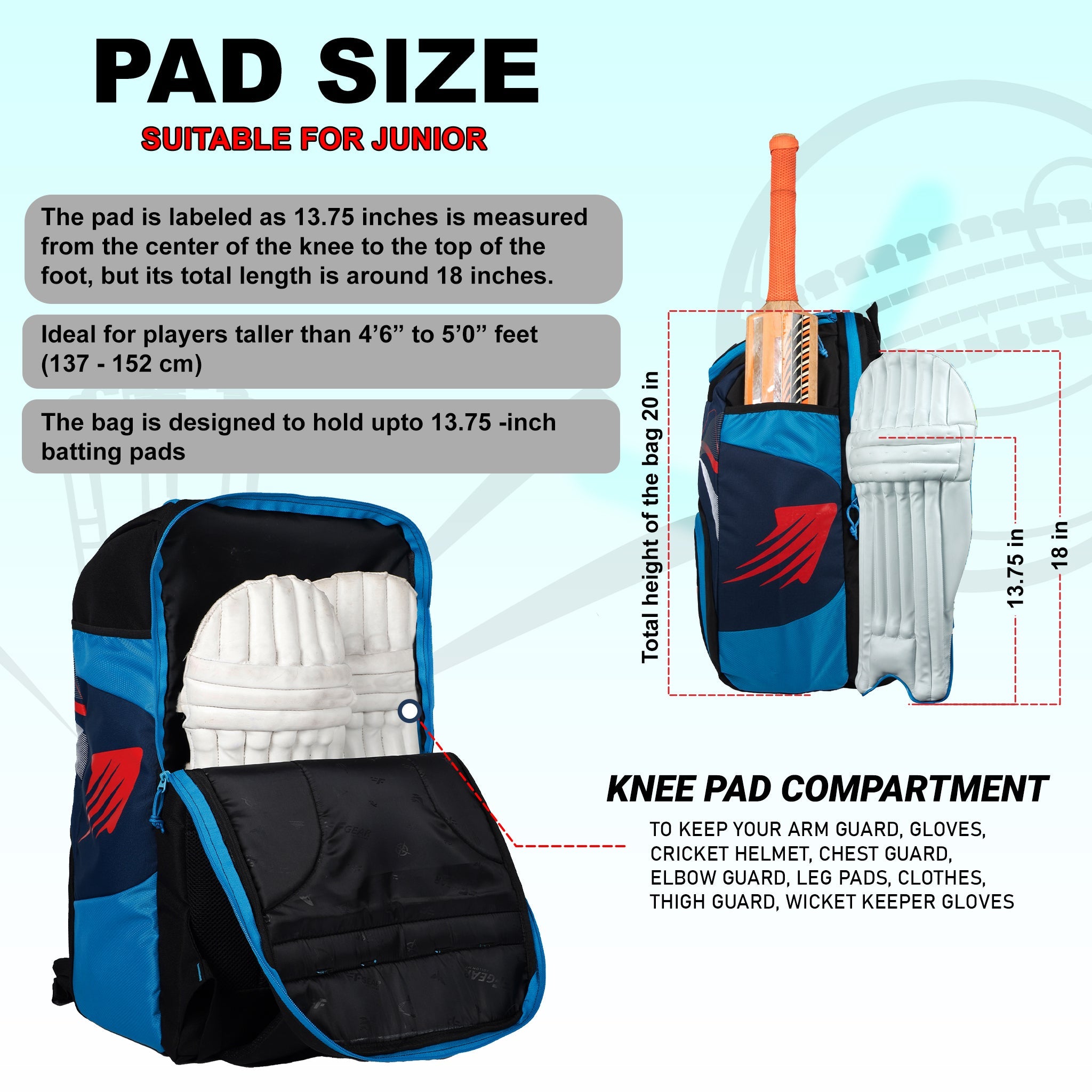 Blast Junior 37L Blue|Cricket Kit Bag |1 Pocket for Bat |2 Water Bottle Holders|Upto 10yrs Kids Kitbag |Leg pad Upto 12.5 "|Shoe & Accessories Pockets |Lightweight |Dual Opening