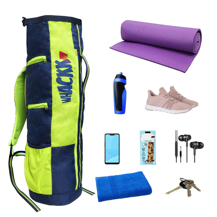 Brute Navy Blue F. Green Unisex Yoga Aerobics Gym Mat Bags Air Ventilated Pocket for Shoes, Front & Top Open, Carry Way with 3-Way Options i.e. Backpack, Holdable or with a Loop