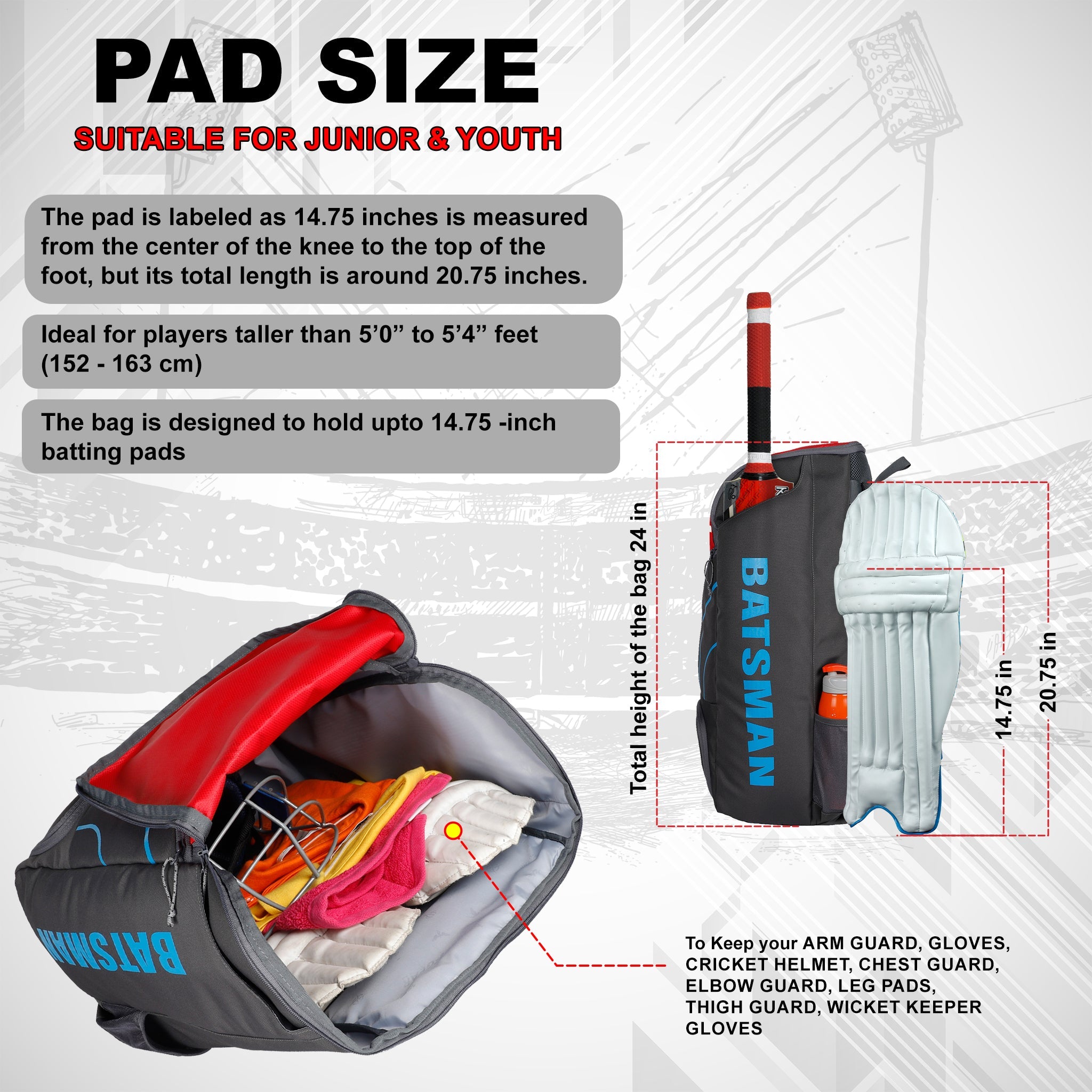 Batsman Grey Red Cricket|Cricket Kit Bag Backpack |Juniour & Youth Kitbag |Player Edition 2 Bat Pockets Shoe Pocket |Big Main Comp. Fits 15.5 inch Leg Pad|2 Bottle Holders