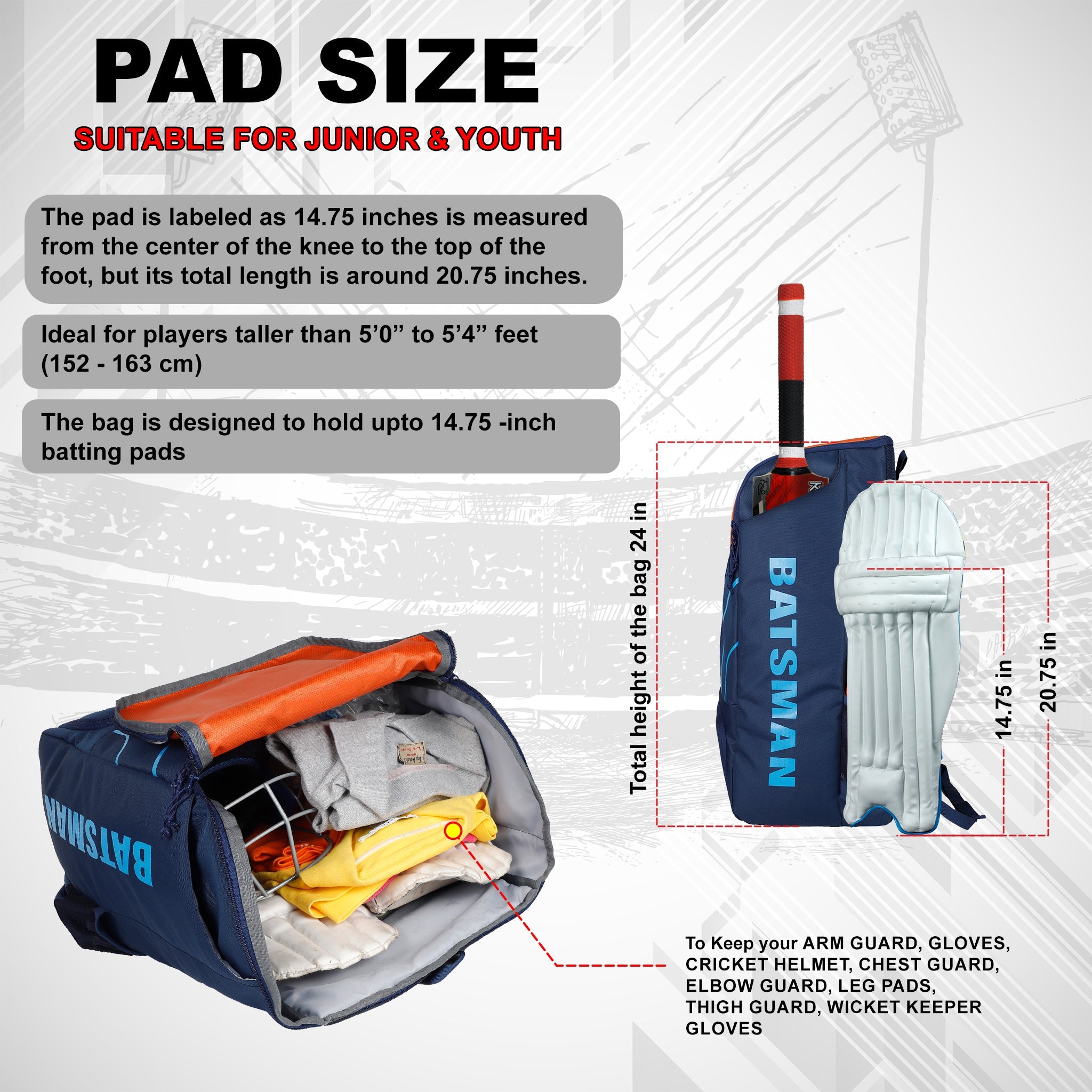 Batsman Navy Orange Cricket Kit Bag Backpack |Juniour & Youth Kitbag |Player Edition 2 Bat Pockets Shoe Pocket |Big Main Comp. Fits 15.5 inch Leg Pad|2 Bottle Holders