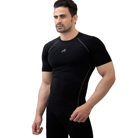 Men's Nylon Compression Tshirt Half Sleeve Tights (Black)