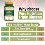 Triple Ginseng Complex - 60 Veg Capsules | Korean, American & Siberian Ginseng Blend for Energy & Vitality