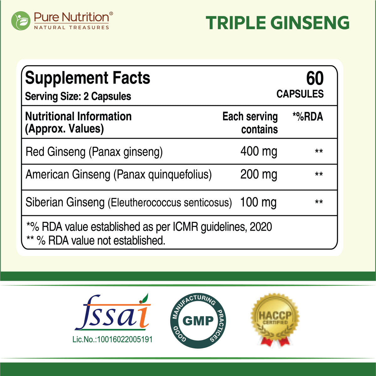 Triple Ginseng Complex - 60 Veg Capsules | Korean, American & Siberian Ginseng Blend for Energy & Vitality