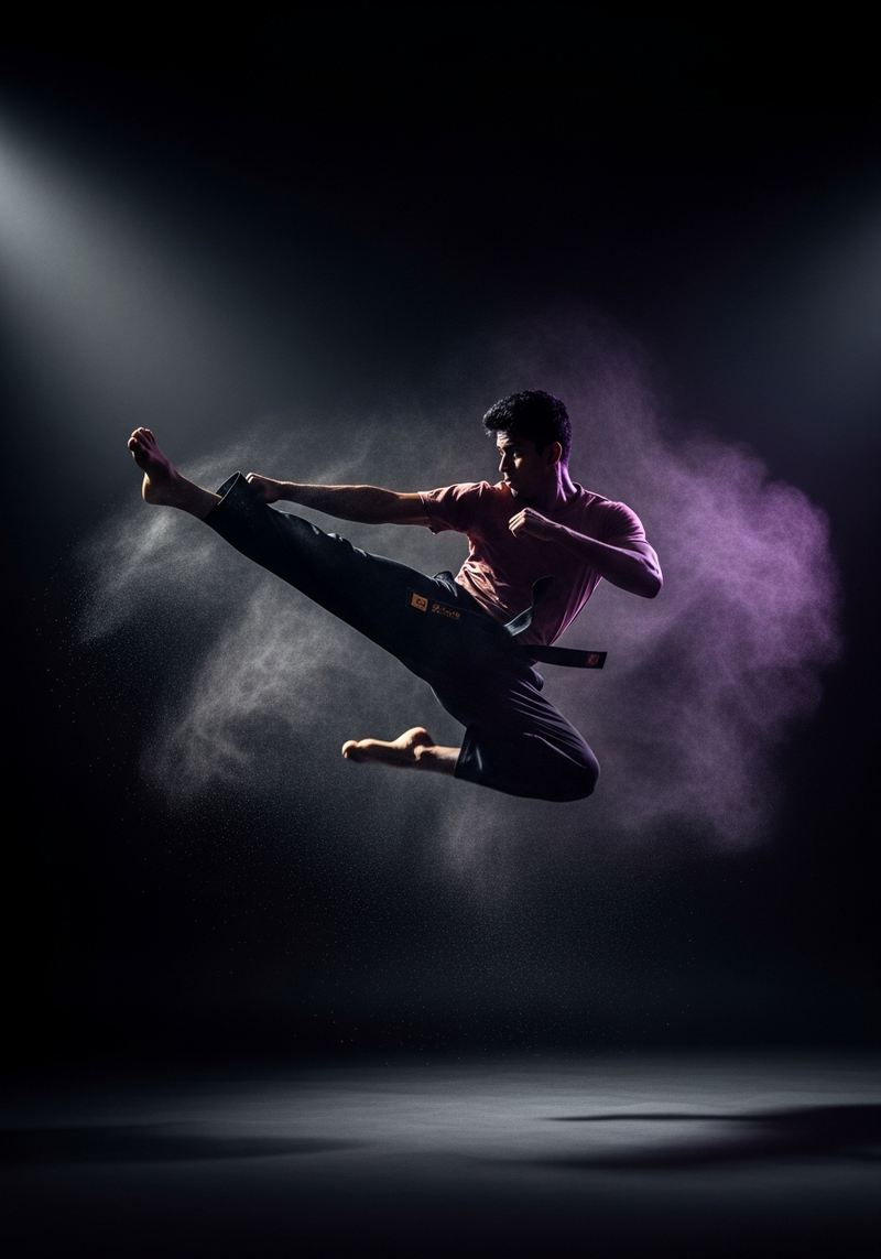 Martial artist performing a spinning kick in KIBI Sports India gear.