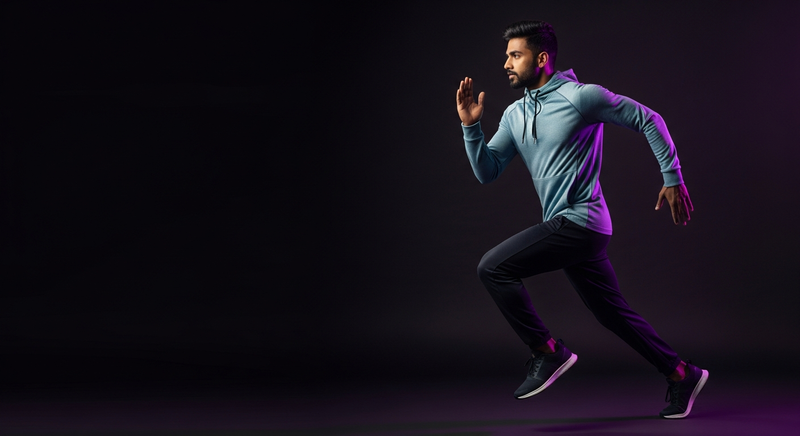 Athlete sprinting wearing premium athletic apparel from KIBI Sports India.