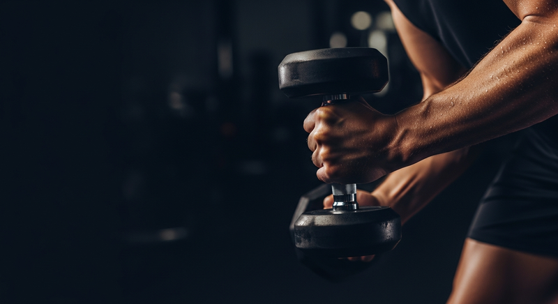 Hand gripping a heavy dumbbell during a KIBI Sports gym workout.