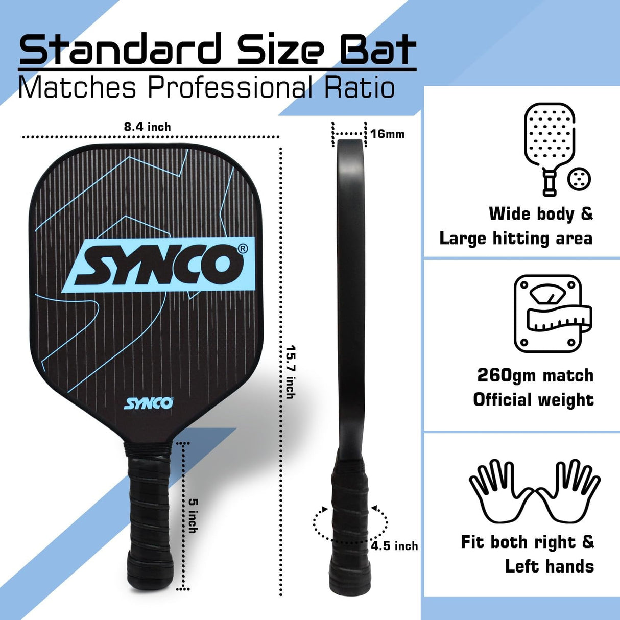 Synco Pickleball Paddle Carbonium Blue | Pickleball Racket Lightweight with 16mm Thickness