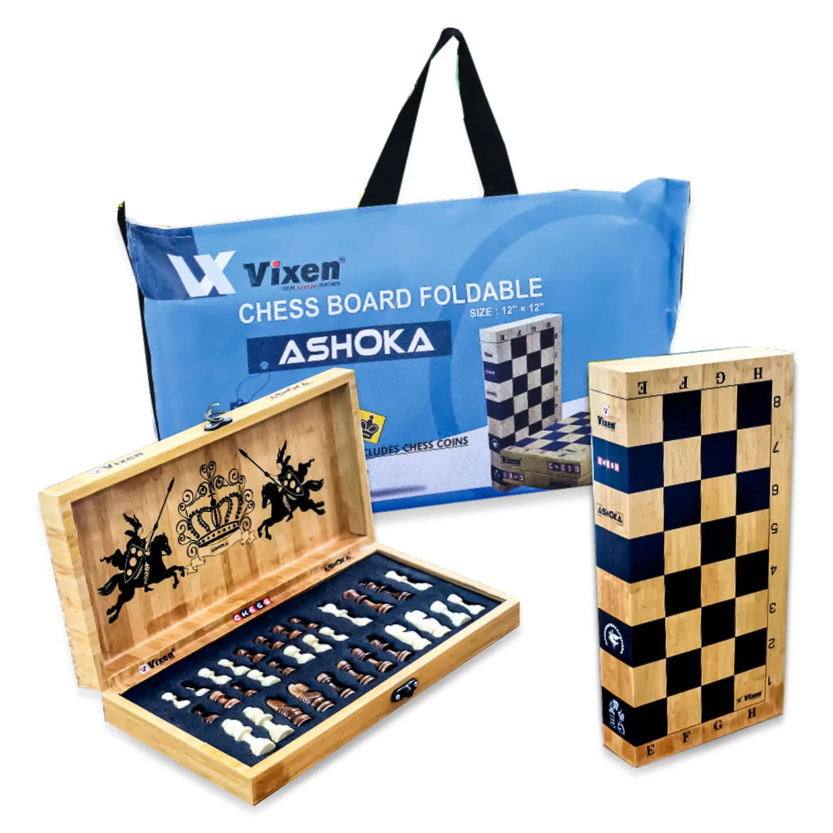 VIXEN CHESS BOARD FOLDABLE ASHOKA WOODEN COINS ASHOKA