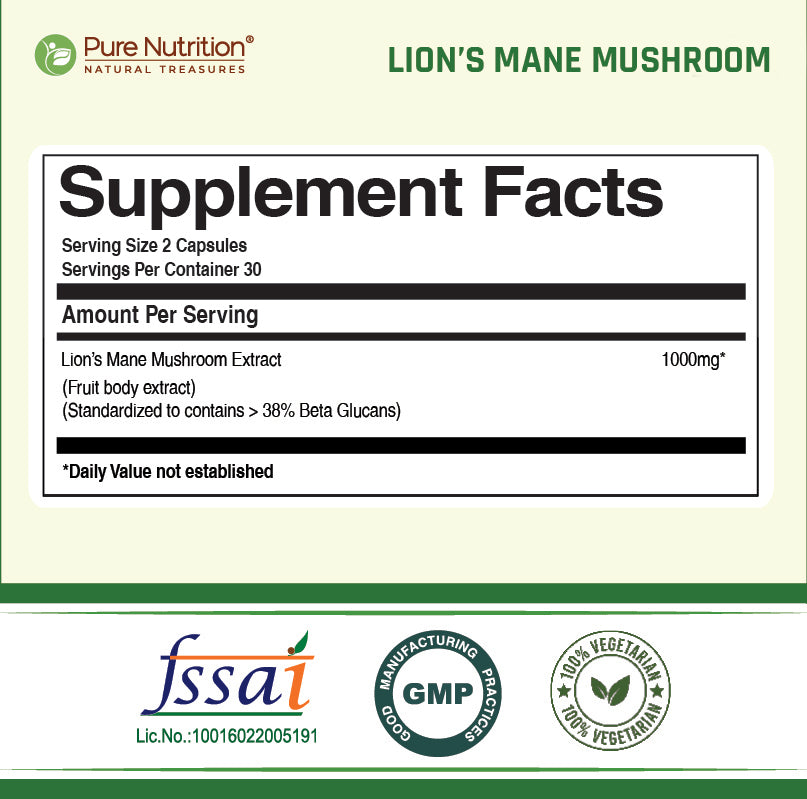 Lion's Mane Mushroom Extract 1000mg 38% Beta-Glucans | Brain & Cognitive Health