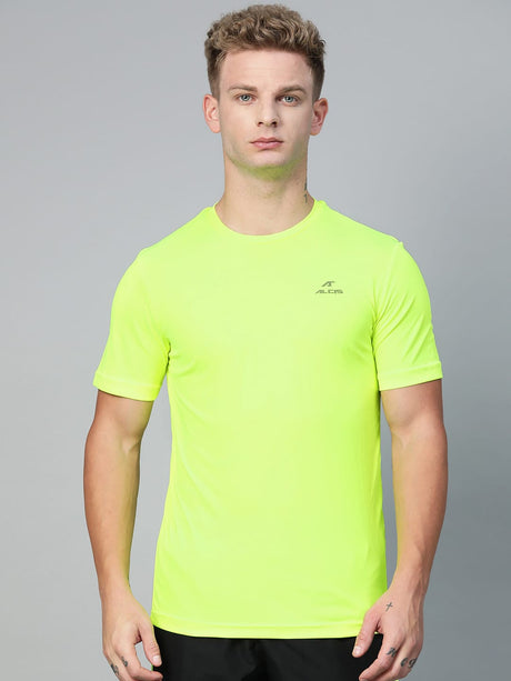 Alcis Men Fluorescent Green Solid Round Neck Slim Fit Running T-shirt