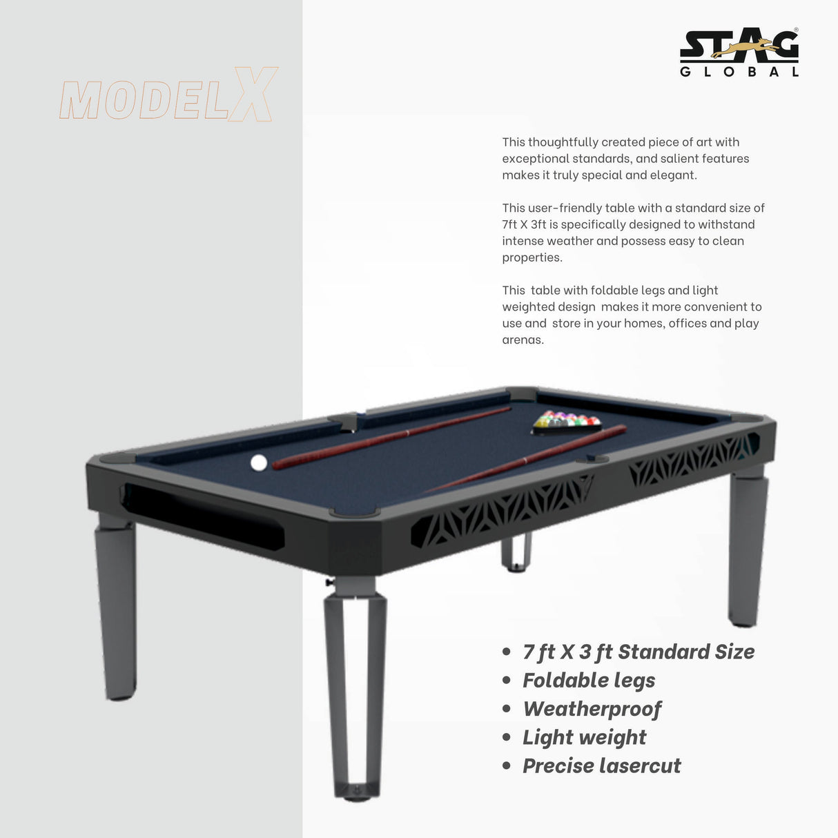 STAG GLOBAL Outdoor Pool Table Model X  | 7 feet x 3 feet | Wooden Table | All Accessories Included