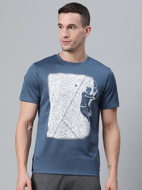 Alcis Men Blue White Printed Round Neck Badminton T-shirt | Alcis