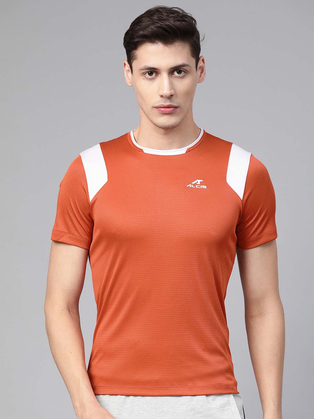 Alcis Men Rust Orange White Self-Checked Round Neck Running T-shirt