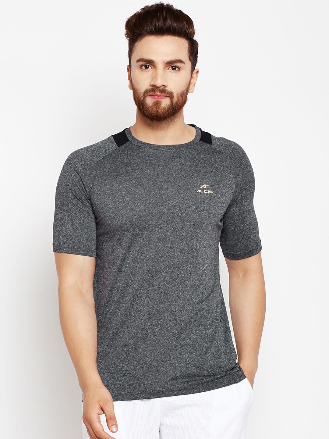 Alcis Men Grey Colourblocked Drytech+ Round Neck T-shirt