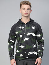 Alcis Men Olive Green Black Camouflage Print Hooded Sweatshirt