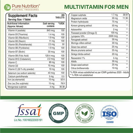 Multivitamin for Men – 30 Vegetarian Tablets | Comprehensive Wellness with 32+ Nutrients